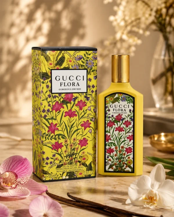 Gucci Flora Gorgeous Orchid Inspired Perfume for Women Eau de Parfum 100 ml in a premium yellow bottle with floral designer-inspired packaging.