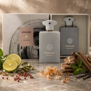Decision inspired perfume 100ml Eau de Parfum bottles with white and grey packaging on a marble surface