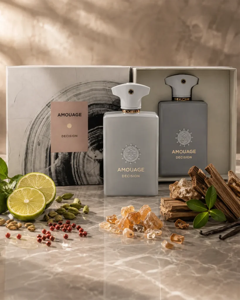 Decision inspired perfume 100ml Eau de Parfum bottles with white and grey packaging on a marble surface
