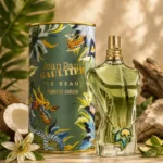 Le Beau Paradise Garden inspired perfume bottle with green juice and decorative tropical packaging