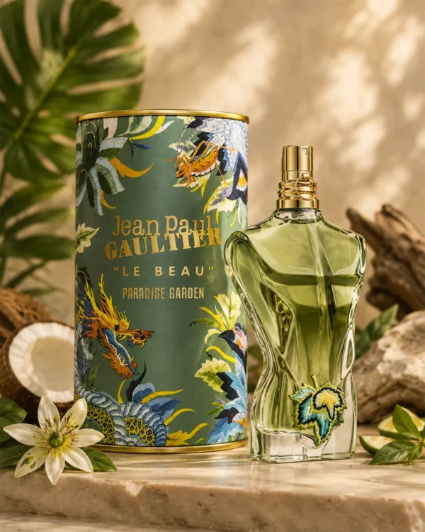 Le Beau Paradise Garden inspired perfume bottle with green juice and decorative tropical packaging
