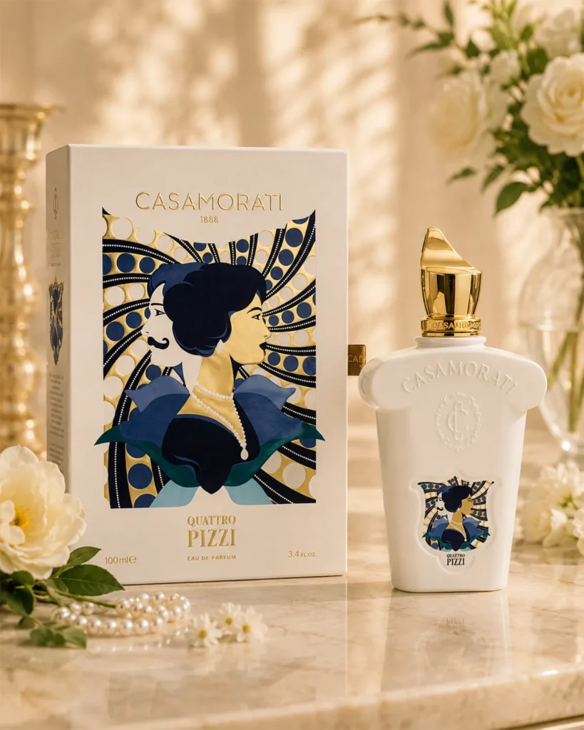 Quattro Pizzi inspired perfume in a white 100ml Eau de Parfum bottle beside its matching Casamorati presentation box