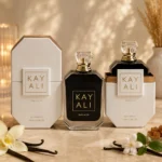 Vanilla 28 inspired perfume 100ml Eau de Parfum bottle with two white boxes, gold detailing, and vanilla-themed styling