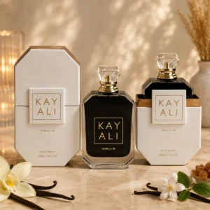 Vanilla 28 inspired perfume 100ml Eau de Parfum bottle with two white boxes, gold detailing, and vanilla-themed styling