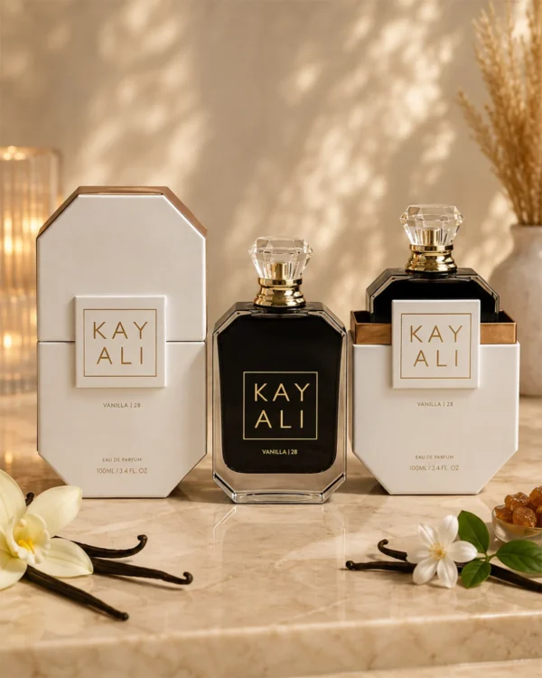 Vanilla 28 inspired perfume 100ml Eau de Parfum bottle with two white boxes, gold detailing, and vanilla-themed styling