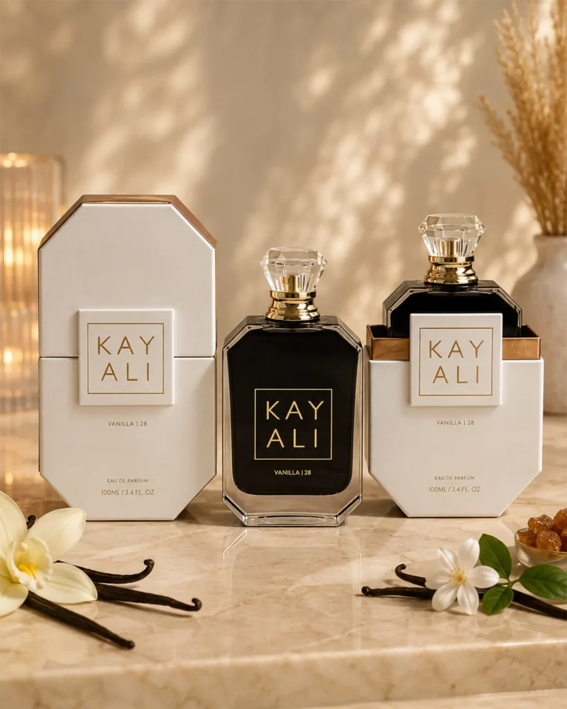 Vanilla 28 inspired perfume 100ml Eau de Parfum bottle with two white boxes, gold detailing, and vanilla-themed styling