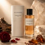 Oud Ispahan perfume bottle and cream cylindrical packaging beside oud wood, amber-colored resin and a red rose