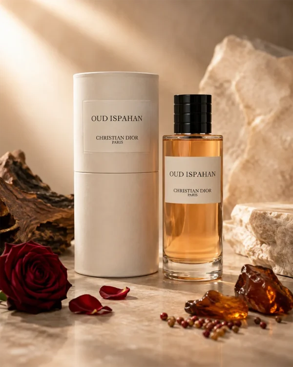 Oud Ispahan perfume bottle and cream cylindrical packaging beside oud wood, amber-colored resin and a red rose