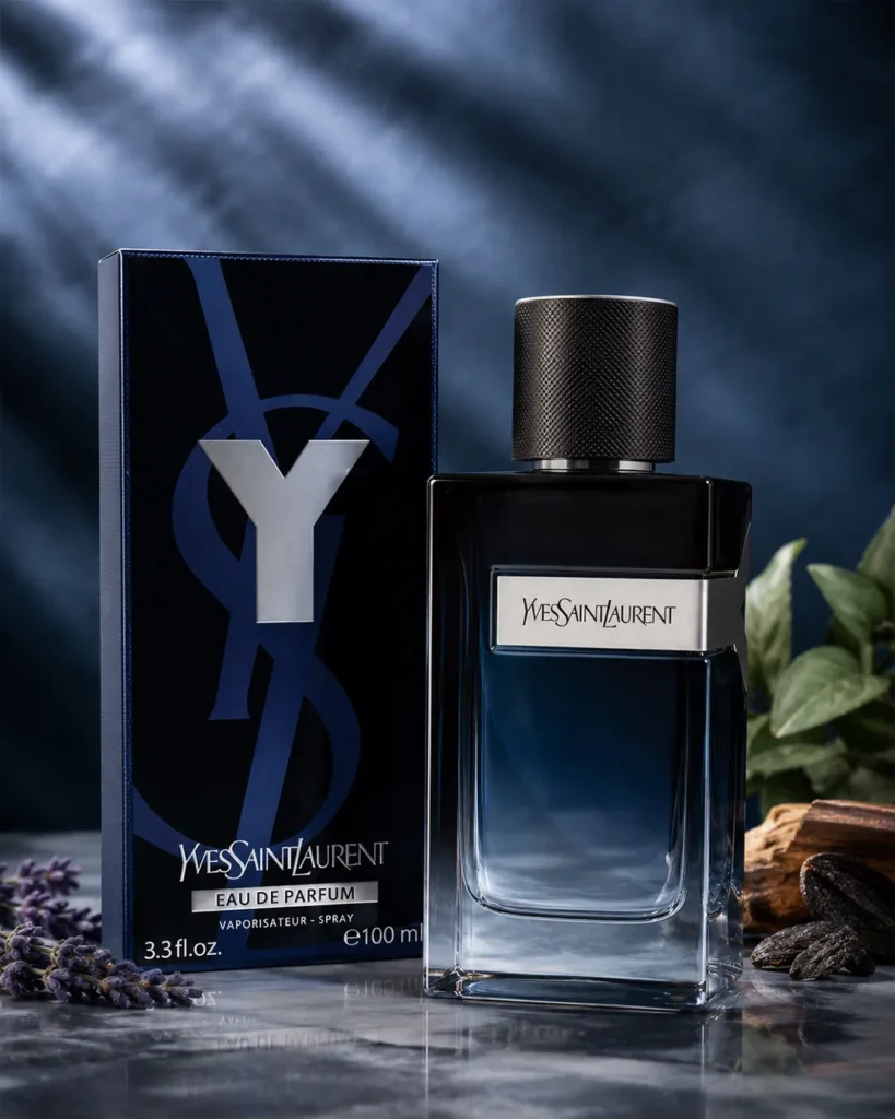 Y Eau de Parfum bottle and black packaging displayed on a reflective surface with lavender, wood and dark botanical elements